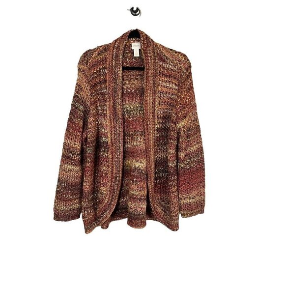 Chicos Sweaters - Chicos Sweater Women XL Brown Cardigan Knit Woven Rainbow Neutral Boho Western